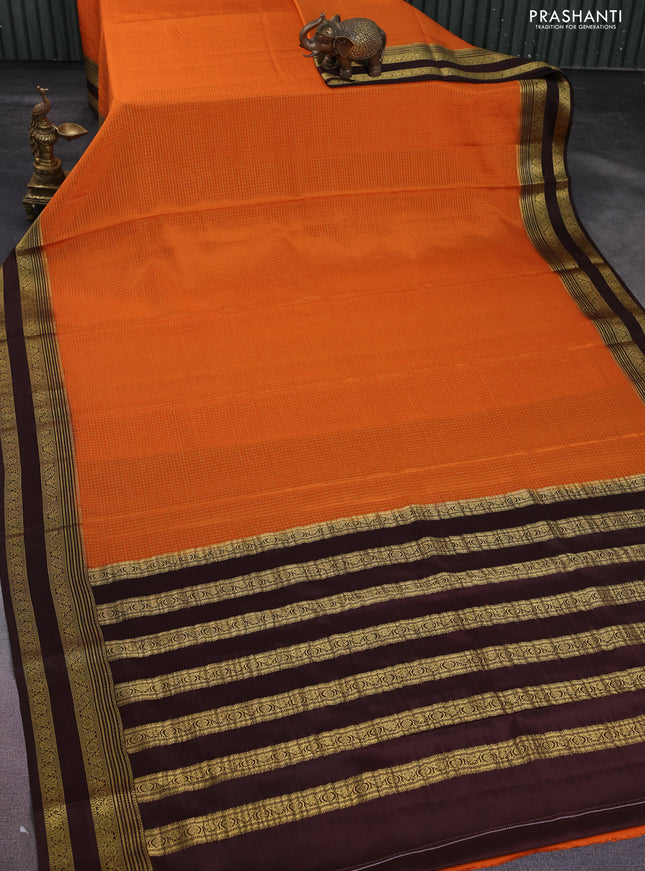 Pure mysore silk saree orange and brown with allover small zari checks and zari woven border