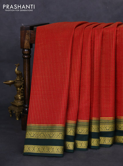 Pure mysore silk saree red and green with allover small zari checks and zari woven border