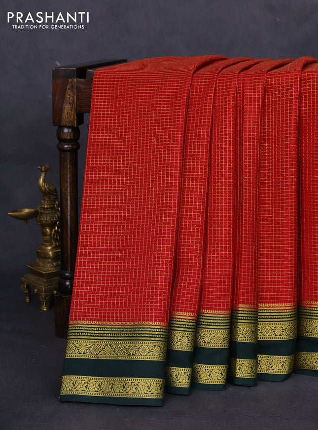 Pure mysore silk saree red and green with allover small zari checks and zari woven border