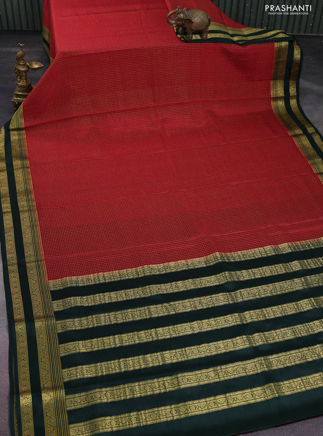 Pure mysore silk saree red and green with allover small zari checks and zari woven border