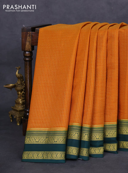 Pure mysore silk saree mustard yellow and green with allover small zari checks and zari woven border