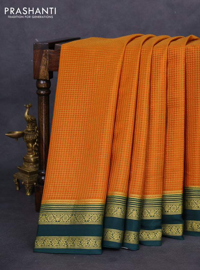 Pure mysore silk saree mustard yellow and green with allover small zari checks and zari woven border