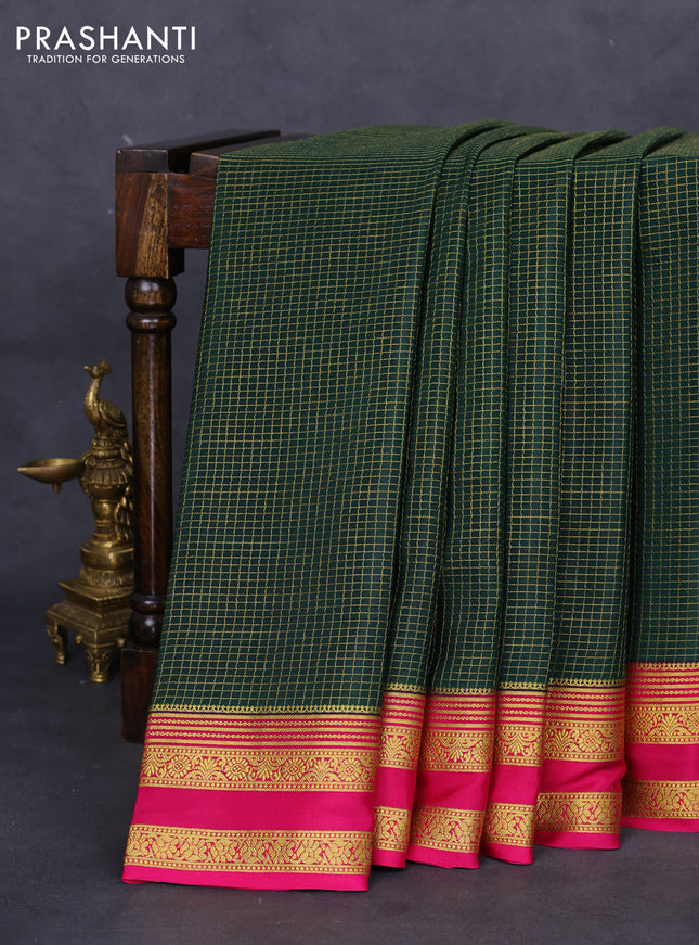 Pure mysore silk saree green and pink with allover small zari checks and zari woven border