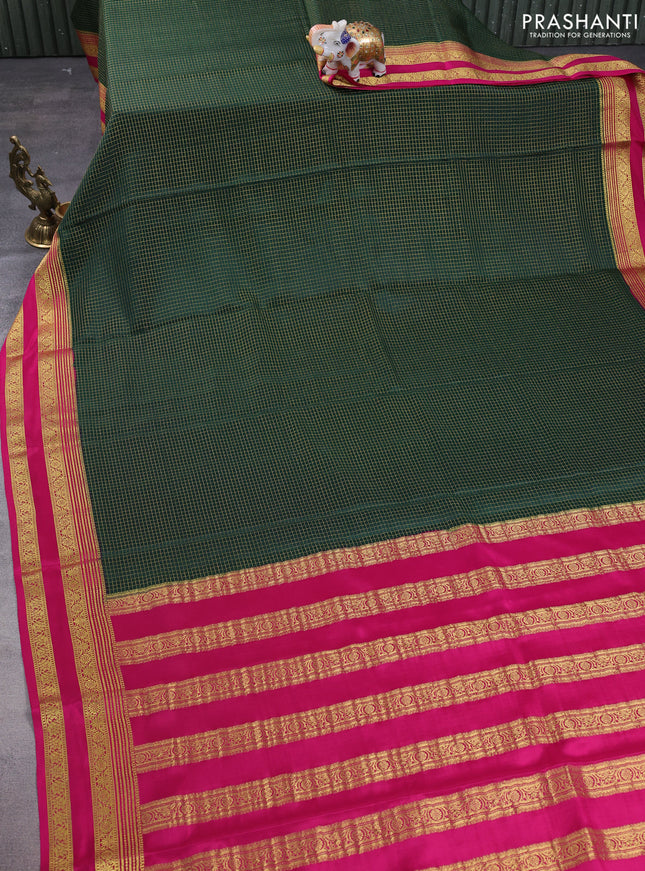 Pure mysore silk saree green and pink with allover small zari checks and zari woven border