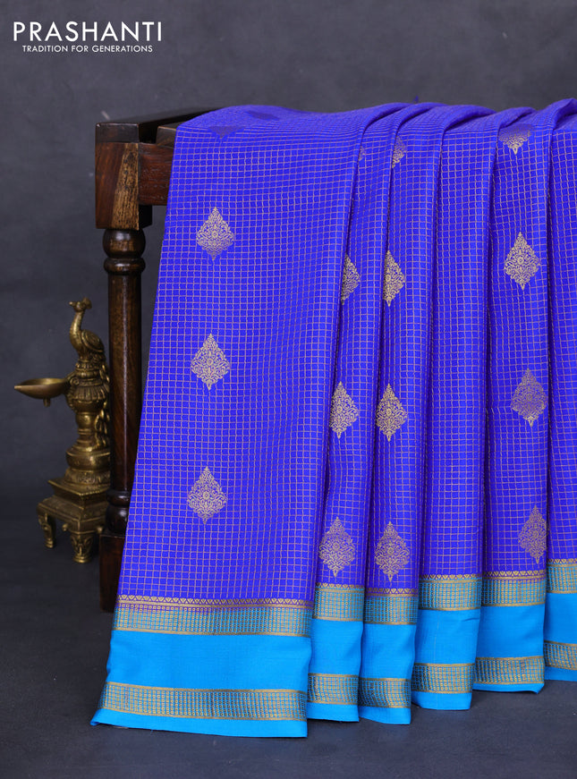 Pure mysore silk saree royal blue and cs blue with allover small zari checks & buttas and rettapet zari woven border