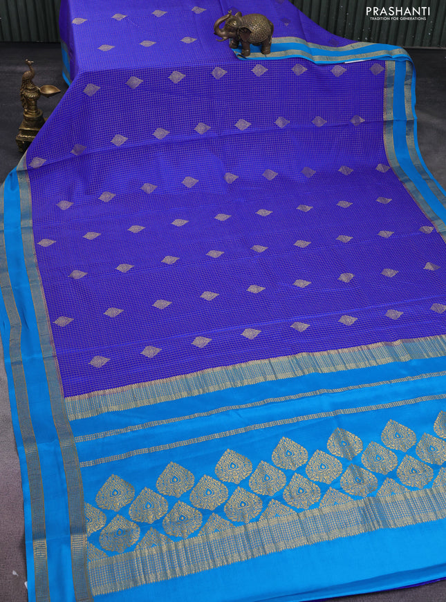 Pure mysore silk saree royal blue and cs blue with allover small zari checks & buttas and rettapet zari woven border