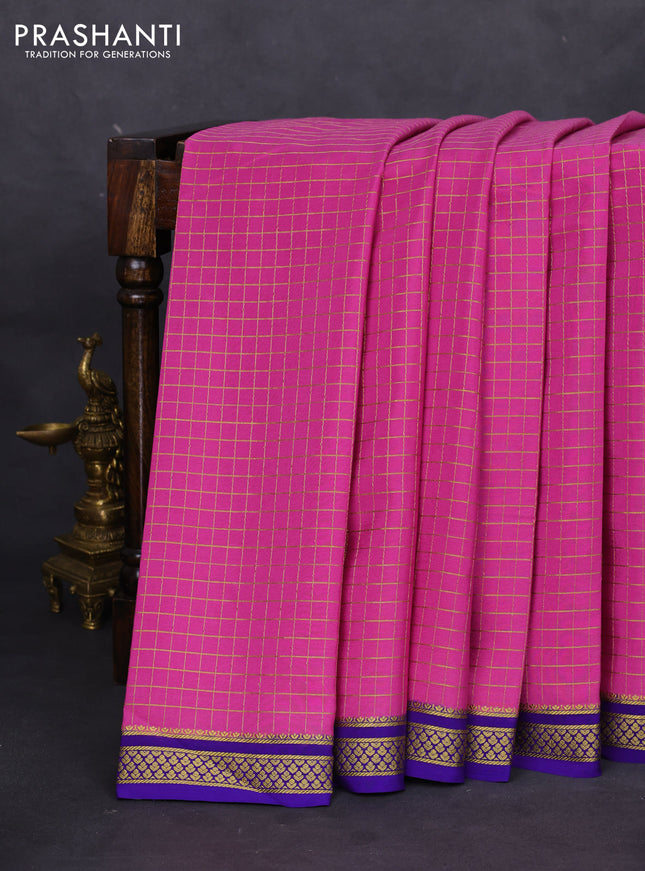 Pure mysore silk saree mauve pink and blue with allover small zari checks and zari woven border