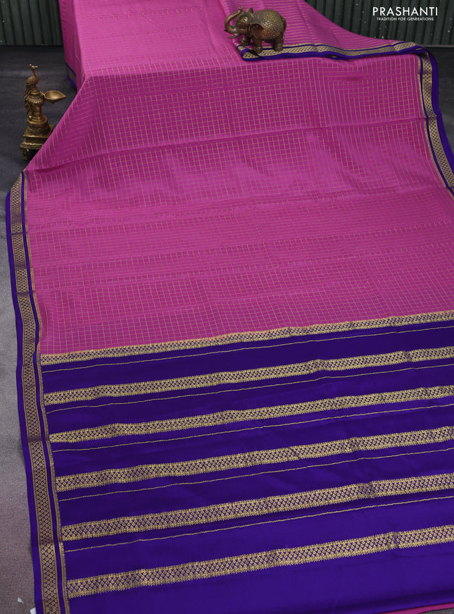 Pure mysore silk saree mauve pink and blue with allover small zari checks and zari woven border