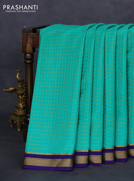 Pure mysore silk saree teal green and blue with allover small zari checks and zari woven border