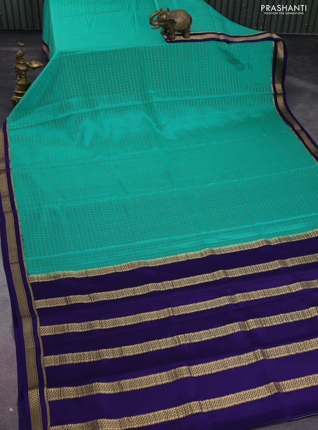 Pure mysore silk saree teal green and blue with allover small zari checks and zari woven border