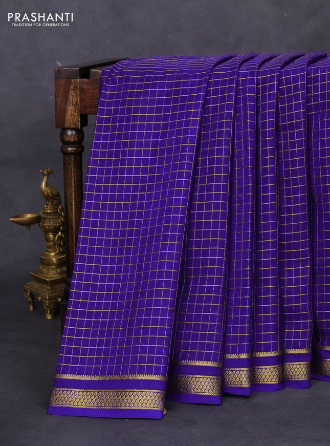 Pure mysore silk saree blue with allover zari checked pattern and zari woven border