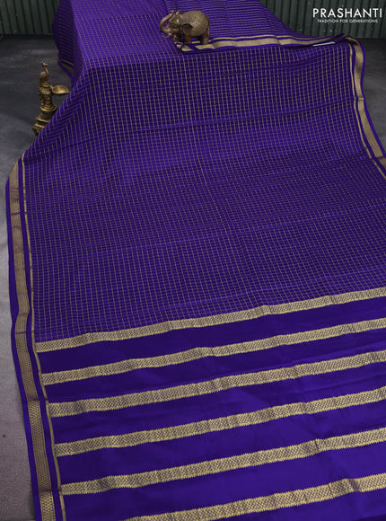 Pure mysore silk saree blue with allover zari checked pattern and zari woven border