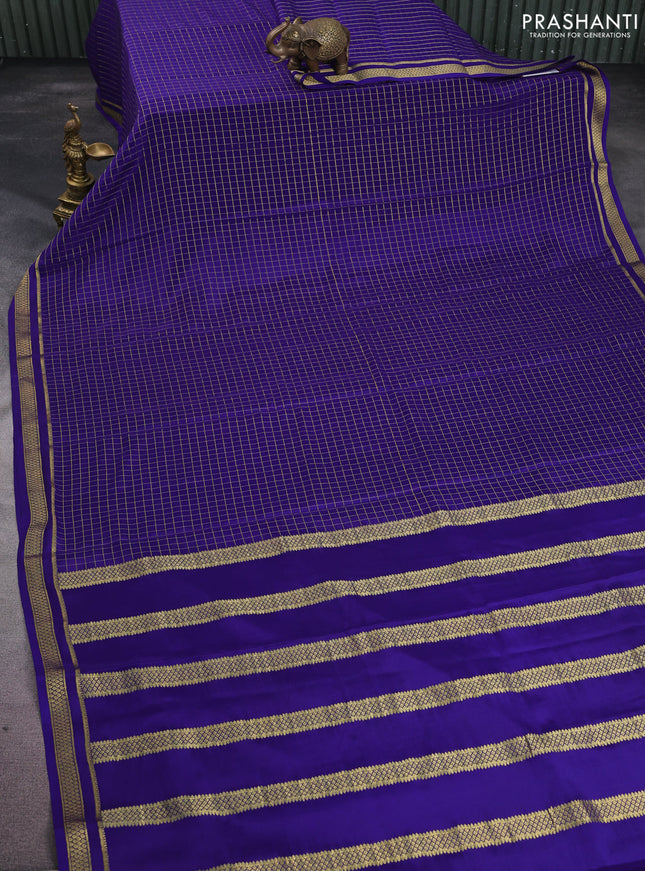 Pure mysore silk saree blue with allover zari checked pattern and zari woven border