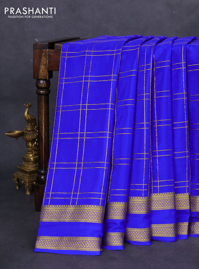 Pure mysore silk saree royal blue with allover zari checked pattern and rettapet zari woven border