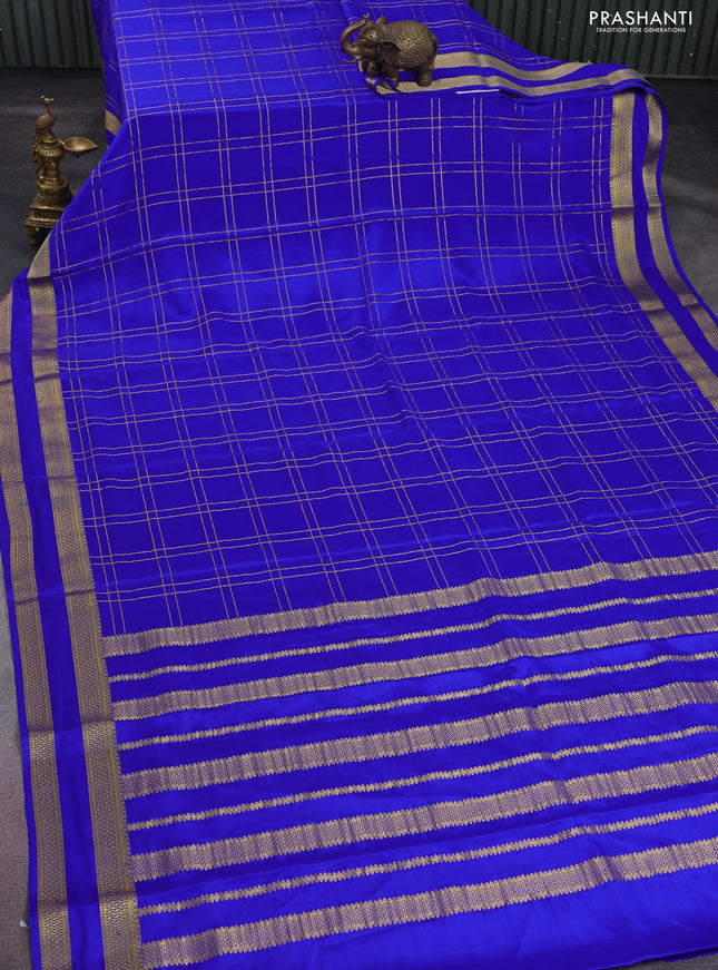 Pure mysore silk saree royal blue with allover zari checked pattern and rettapet zari woven border