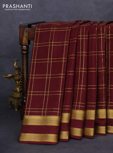 Pure mysore silk saree deep maroon with allover zari checked pattern and rettapet zari woven border