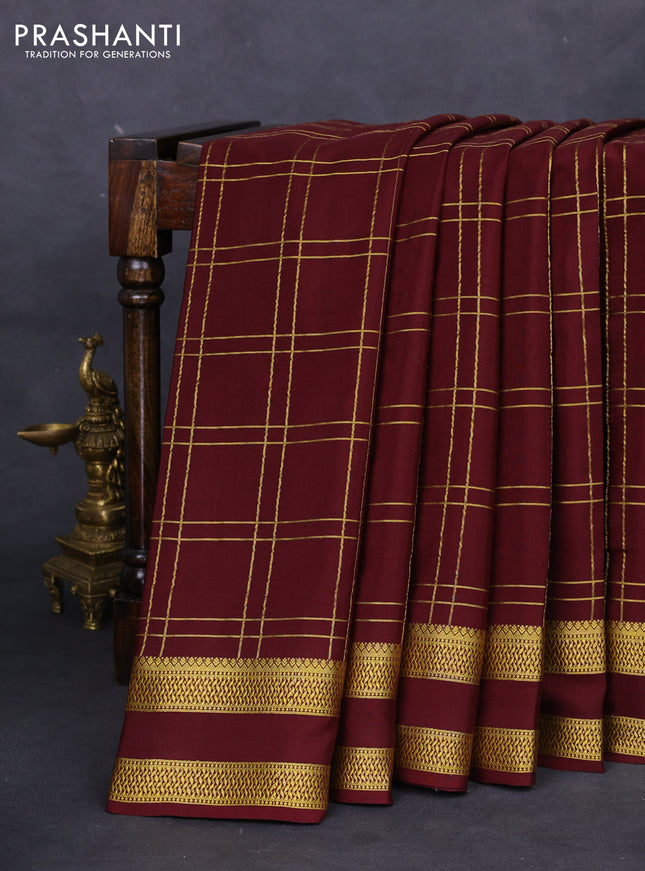 Pure mysore silk saree deep maroon with allover zari checked pattern and rettapet zari woven border