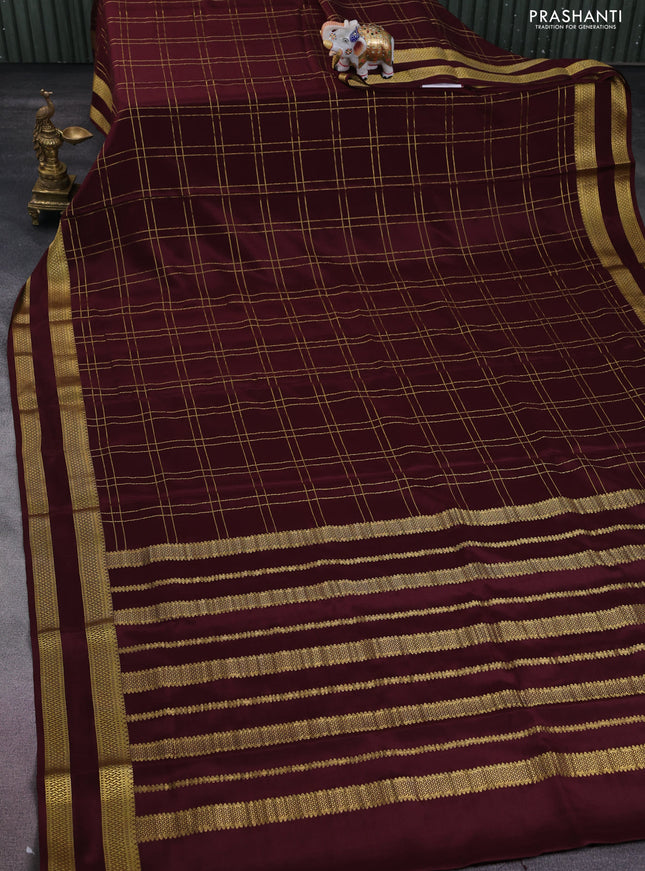 Pure mysore silk saree deep maroon with allover zari checked pattern and rettapet zari woven border