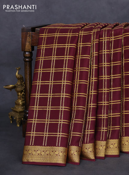Pure mysore silk saree deep maroon with allover zari checked pattern and zari woven border