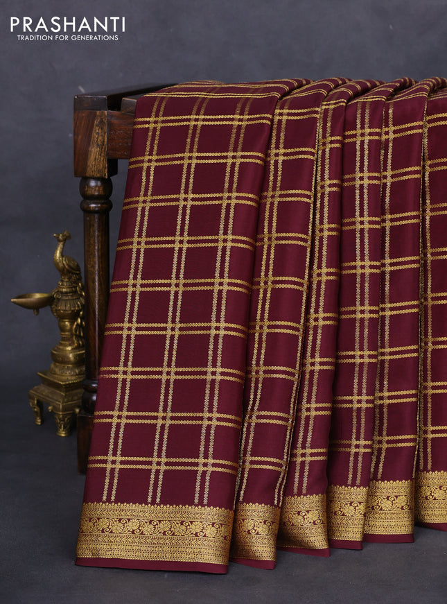 Pure mysore silk saree deep maroon with allover zari checked pattern and zari woven border
