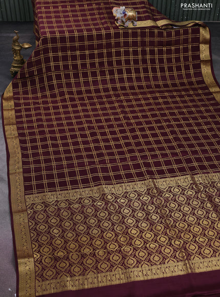 Pure mysore silk saree deep maroon with allover zari checked pattern and zari woven border
