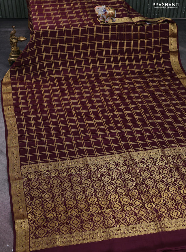 Pure mysore silk saree deep maroon with allover zari checked pattern and zari woven border