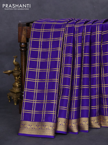 Pure mysore silk saree blue with allover zari checked pattern and zari woven border