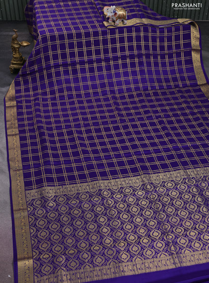 Pure mysore silk saree blue with allover zari checked pattern and zari woven border
