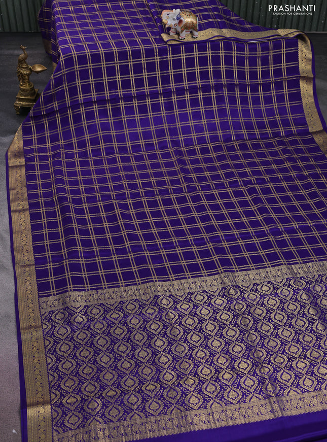 Pure mysore silk saree blue with allover zari checked pattern and zari woven border