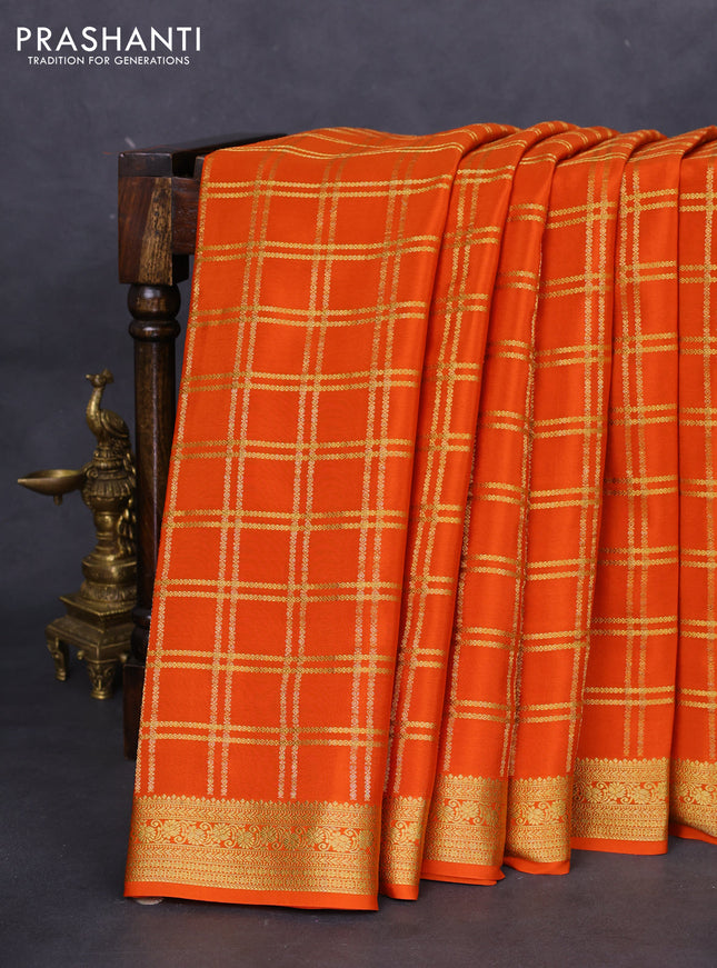 Pure mysore silk saree orange with allover zari checked pattern and zari woven border