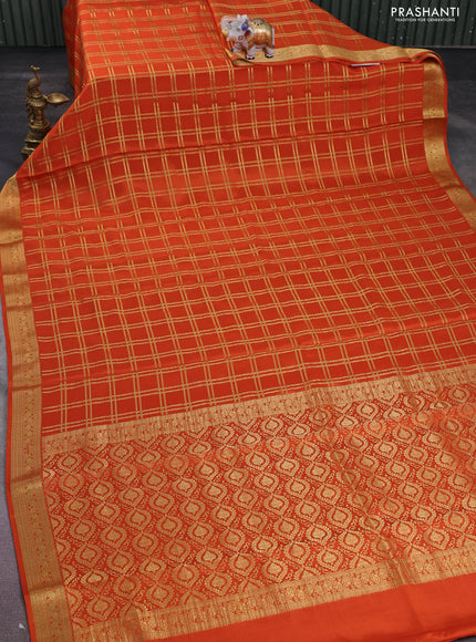 Pure mysore silk saree orange with allover zari checked pattern and zari woven border