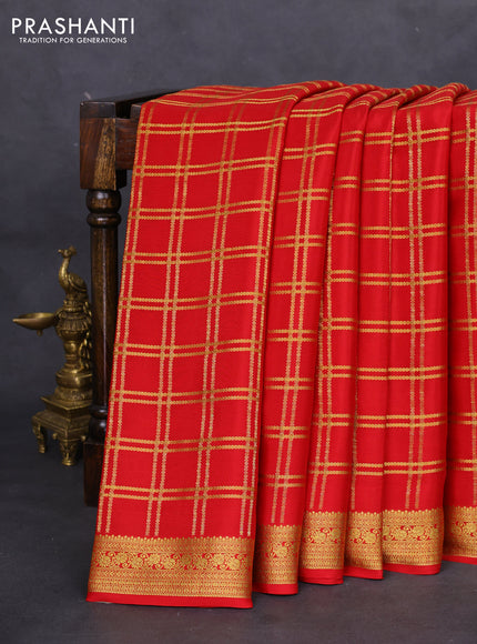Pure mysore silk saree red with allover zari checked pattern and zari woven border