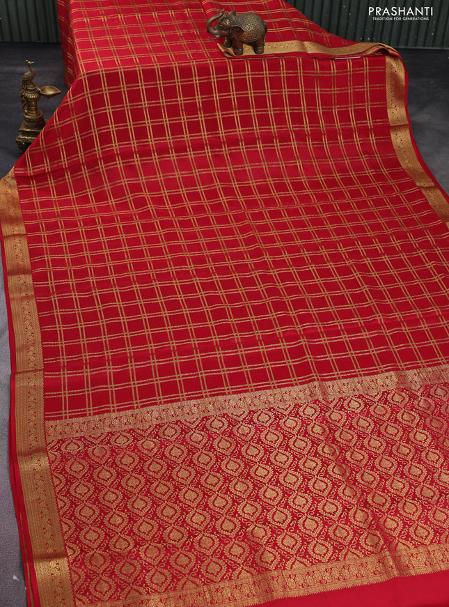 Pure mysore silk saree red with allover zari checked pattern and zari woven border