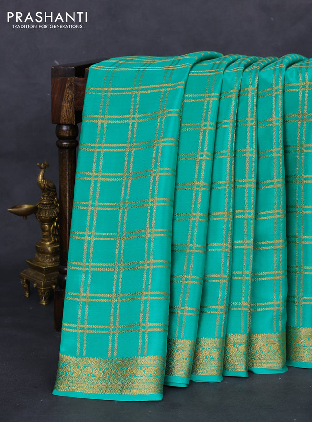 Pure mysore silk saree teal green with allover zari checked pattern and zari woven border