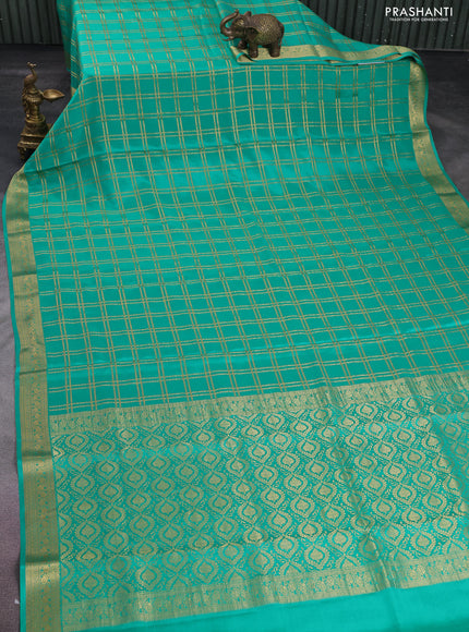 Pure mysore silk saree teal green with allover zari checked pattern and zari woven border