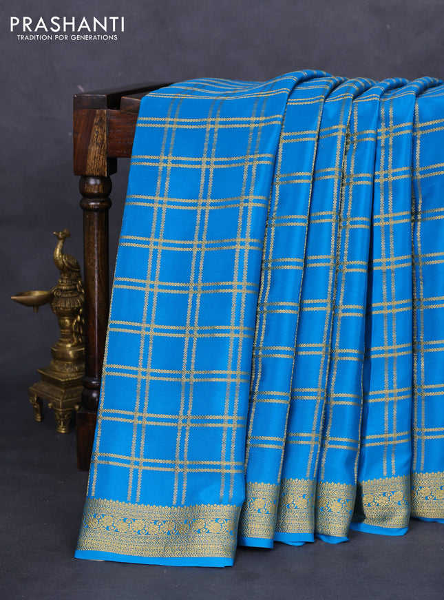 Pure mysore silk saree cs blue with allover zari checked pattern and zari woven border