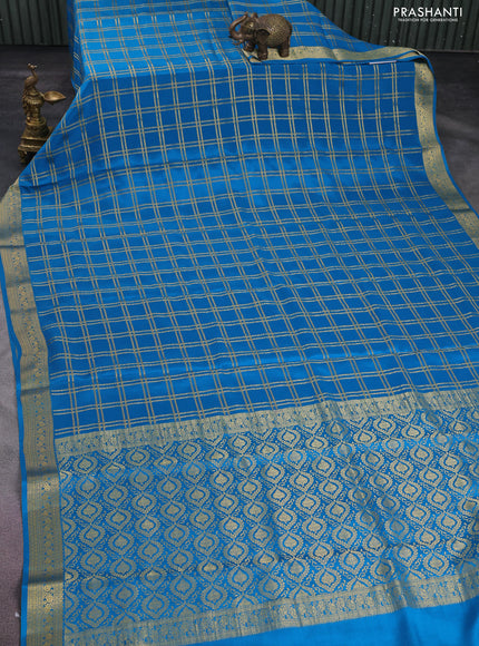 Pure mysore silk saree cs blue with allover zari checked pattern and zari woven border