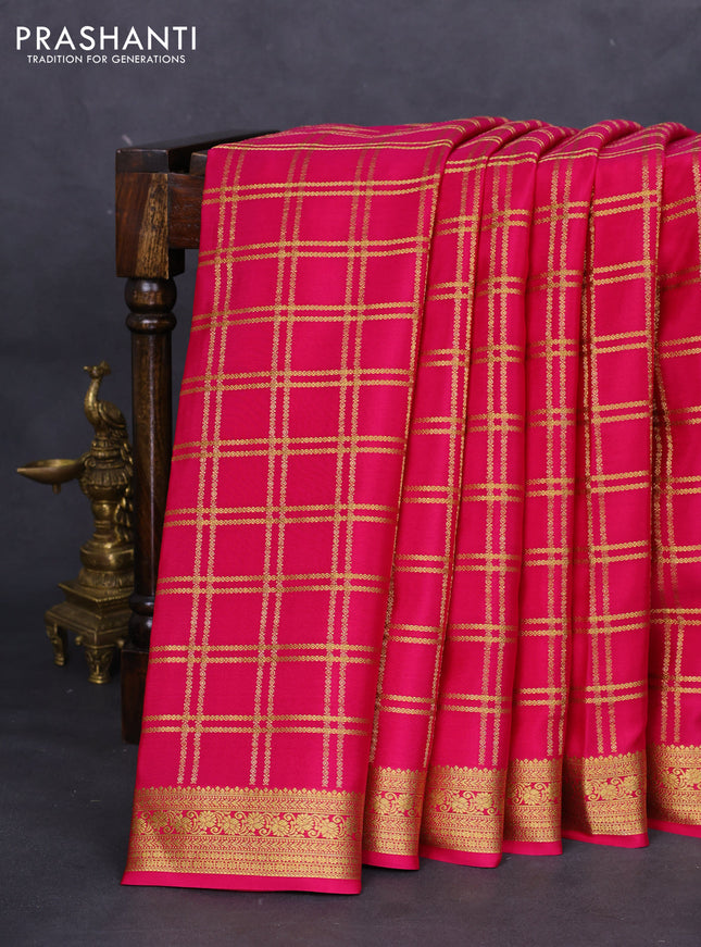 Pure mysore silk saree pink with allover zari checked pattern and zari woven border