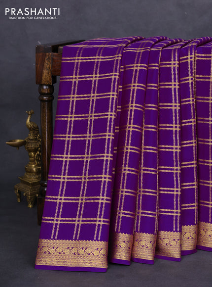 Pure mysore silk saree violet with allover zari checked pattern and zari woven border