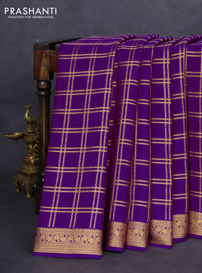 Pure mysore silk saree violet with allover zari checked pattern and zari woven border