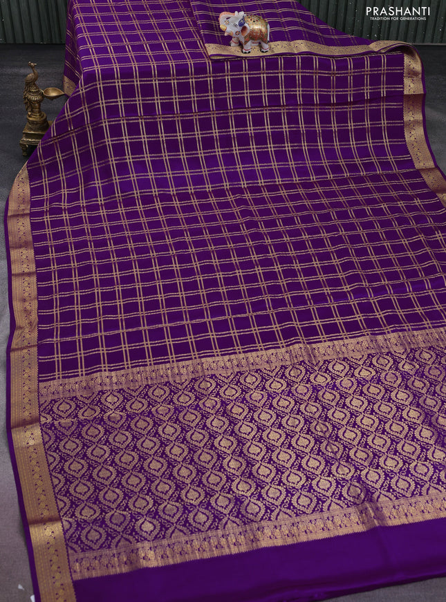 Pure mysore silk saree violet with allover zari checked pattern and zari woven border