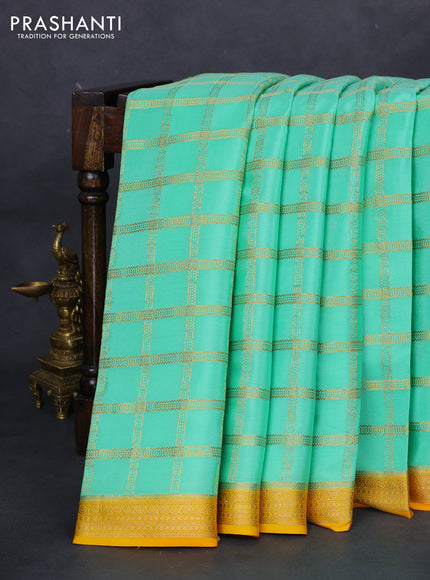 Pure mysore silk saree teal green and mustard yellow with allover zari checked pattern and zari woven border