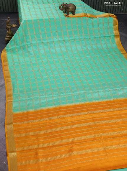 Pure mysore silk saree teal green and mustard yellow with allover zari checked pattern and zari woven border