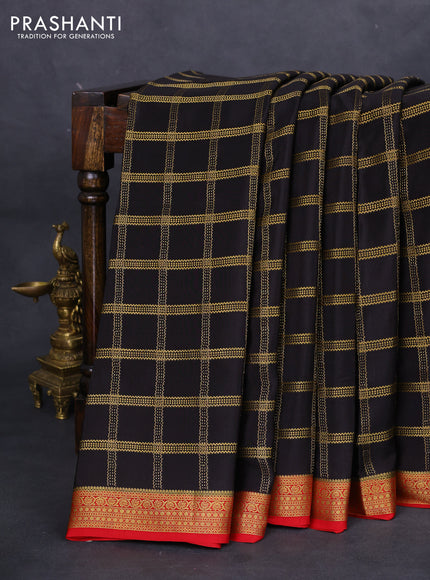 Pure mysore silk saree black and maroon with allover zari checked pattern and zari woven border