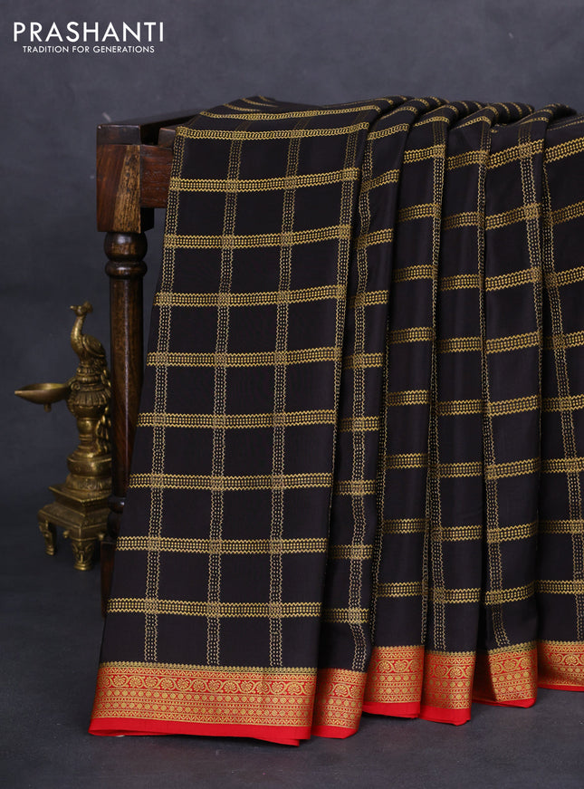 Pure mysore silk saree black and maroon with allover zari checked pattern and zari woven border