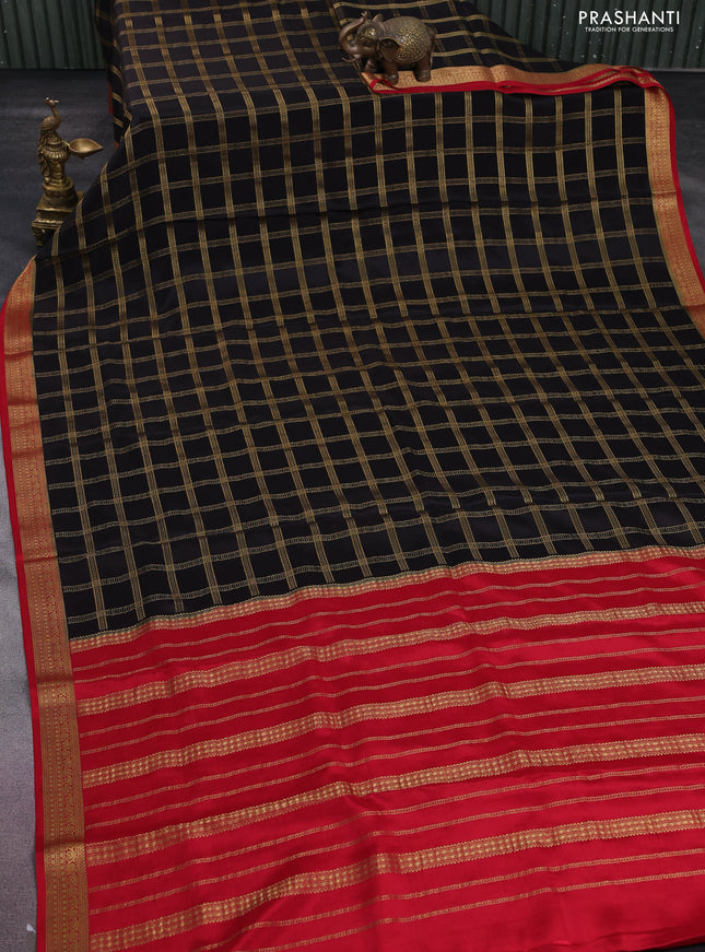 Pure mysore silk saree black and maroon with allover zari checked pattern and zari woven border