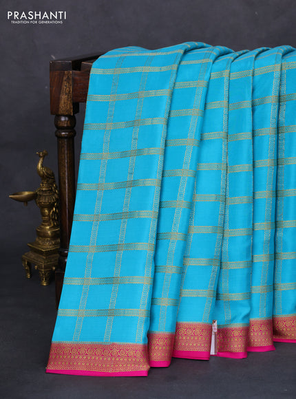 Pure mysore silk saree light blue and pink with allover zari checked pattern and zari woven border