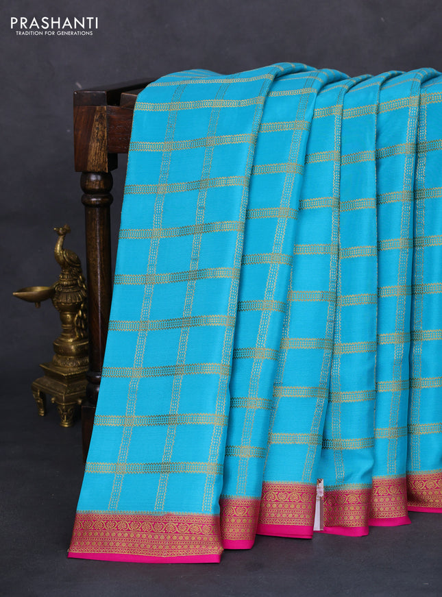 Pure mysore silk saree light blue and pink with allover zari checked pattern and zari woven border