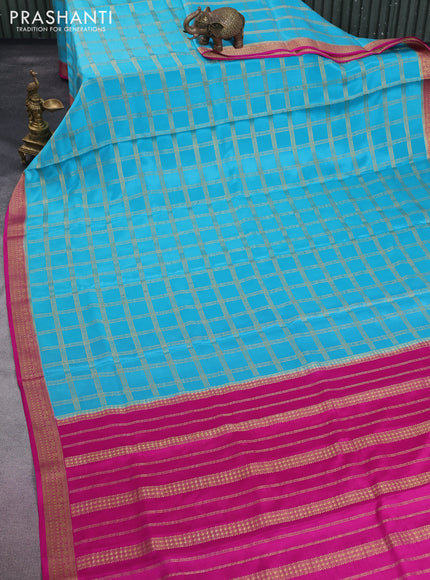 Pure mysore silk saree light blue and pink with allover zari checked pattern and zari woven border