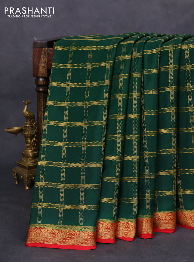Pure mysore silk saree green and red with allover zari checked pattern and zari woven border